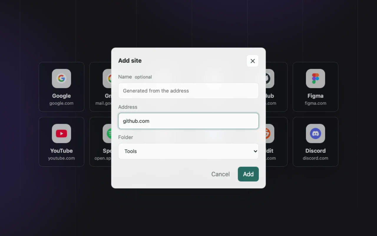 Minimal New Tab Add site dialog with github.com entered and the Tools folder selected.