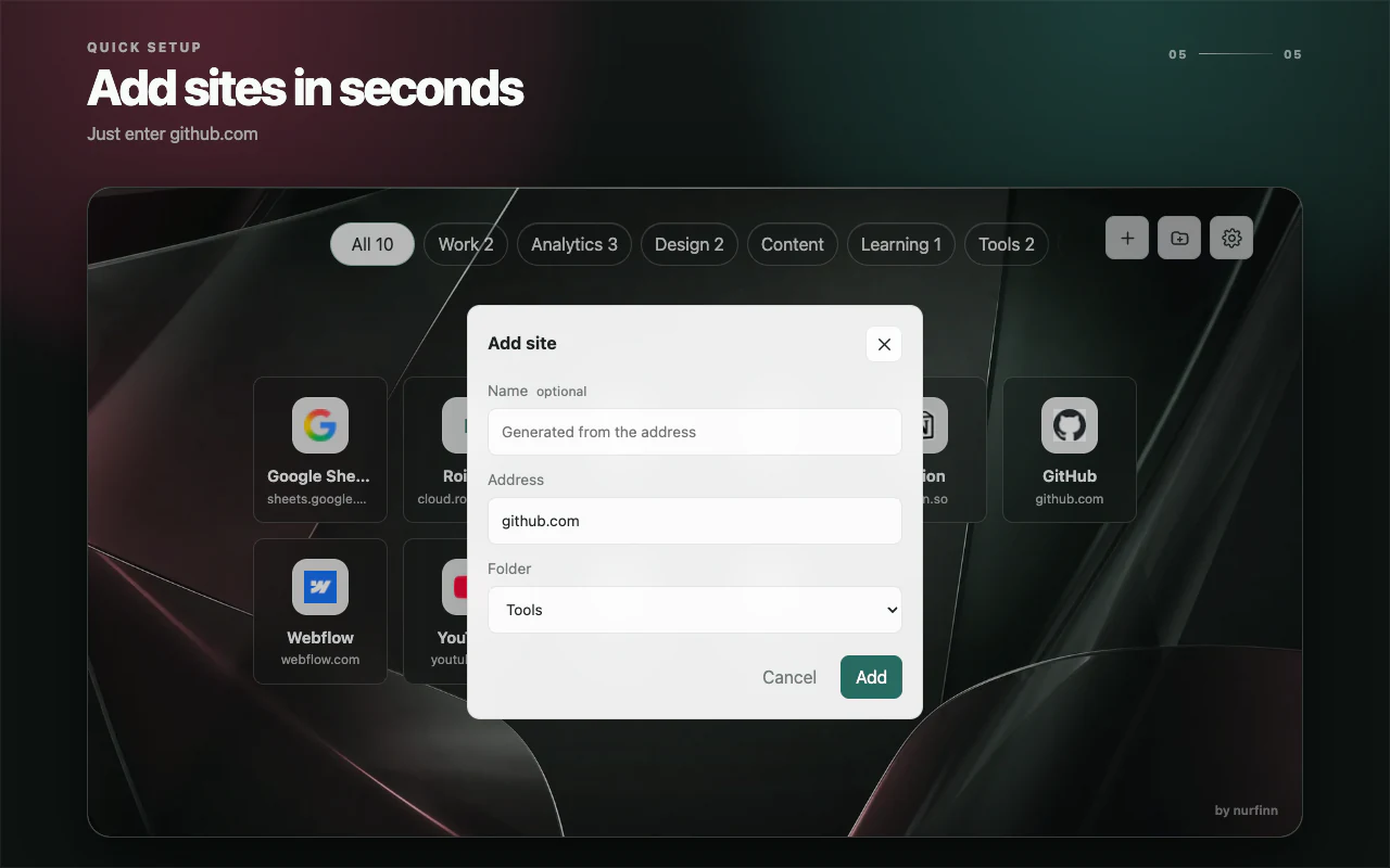 Add site dialog with an optional name, github.com address, and folder selection.