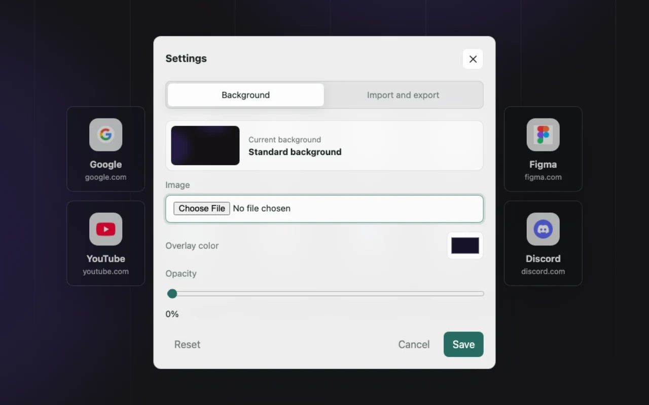 Minimal New Tab Background settings showing the standard background preview, overlay color, and opacity controls.