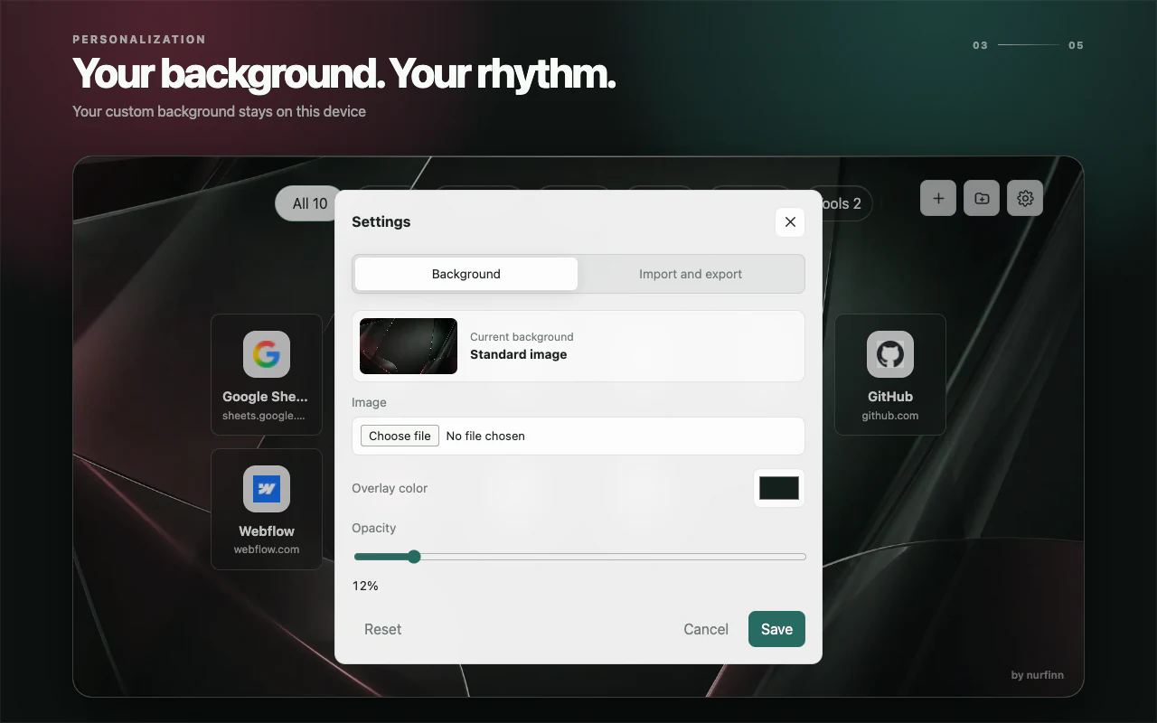 Background settings for choosing an image, overlay color, and opacity.