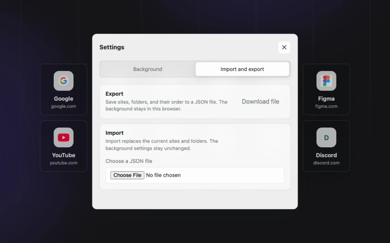 Minimal New Tab Import and export settings with export and JSON import controls.
