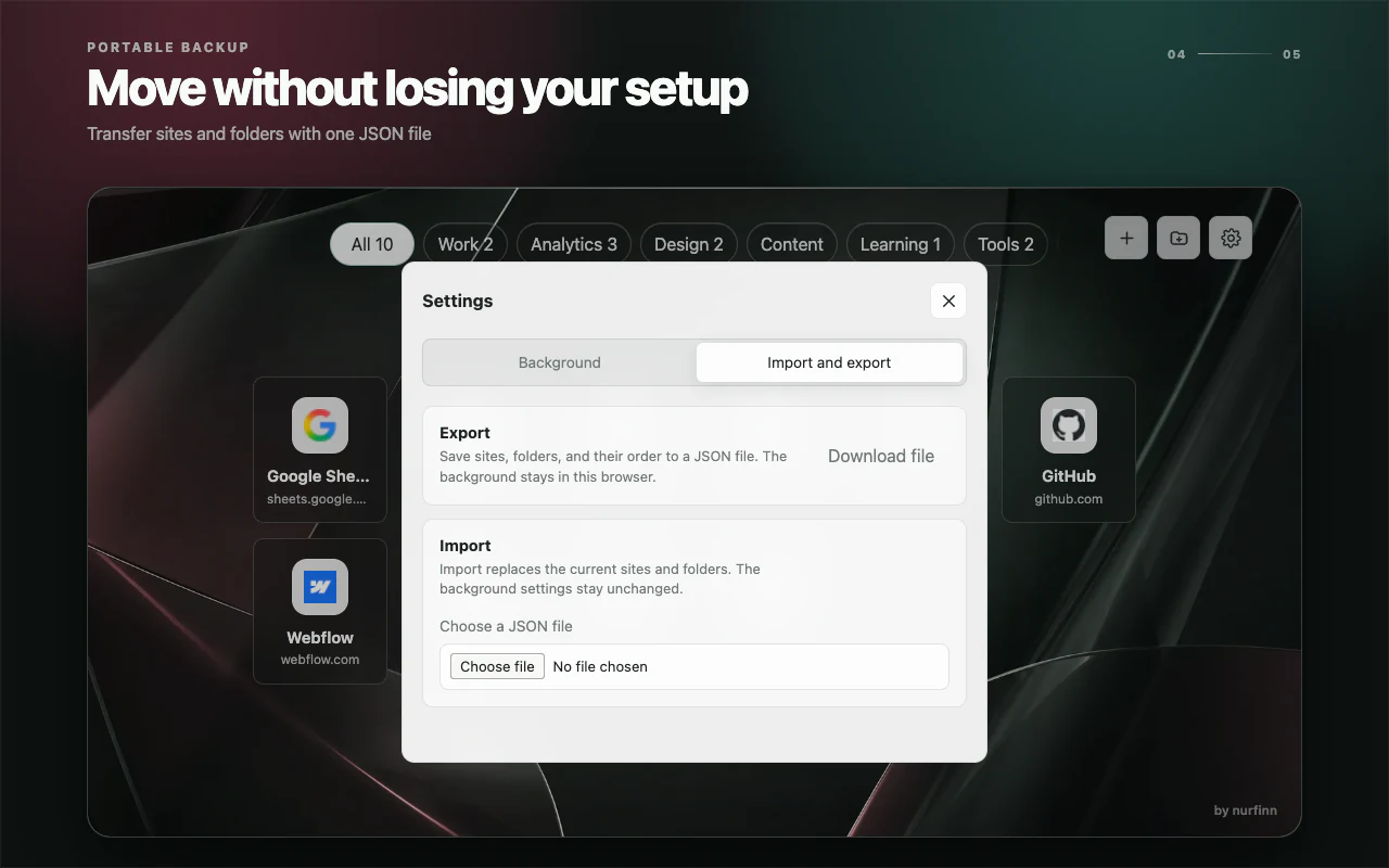 Import and export settings for moving sites and folders with a JSON file.