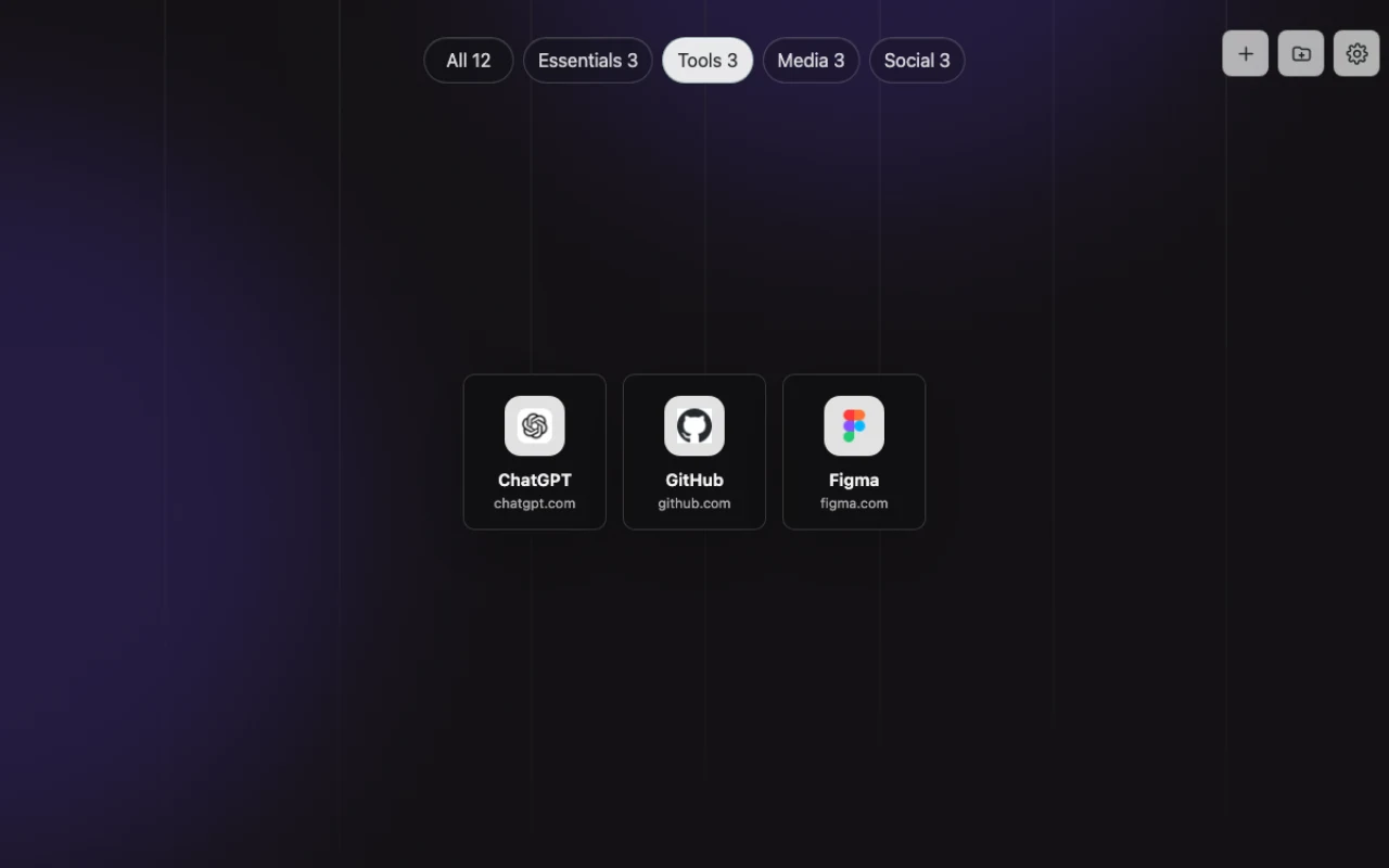 Minimal New Tab with the Tools folder selected and ChatGPT, GitHub, and Figma visible.