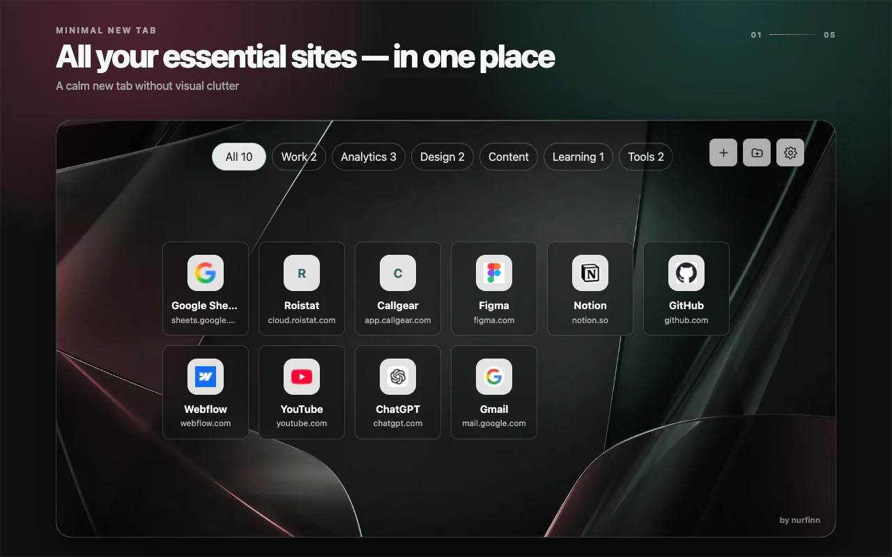 Minimal New Tab showing organized Google links inside a selected folder on a dark background.
