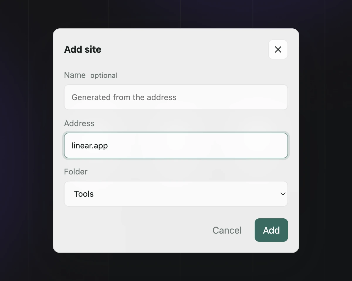 The Add site dialog with linear.app entered and the Tools folder selected.