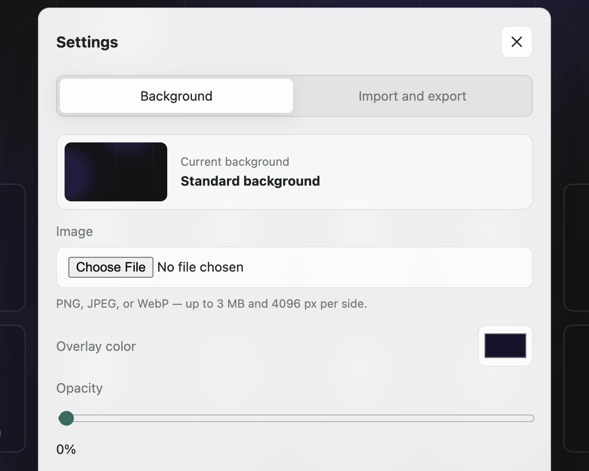 The Background settings tab showing the image picker, overlay color, and opacity controls.