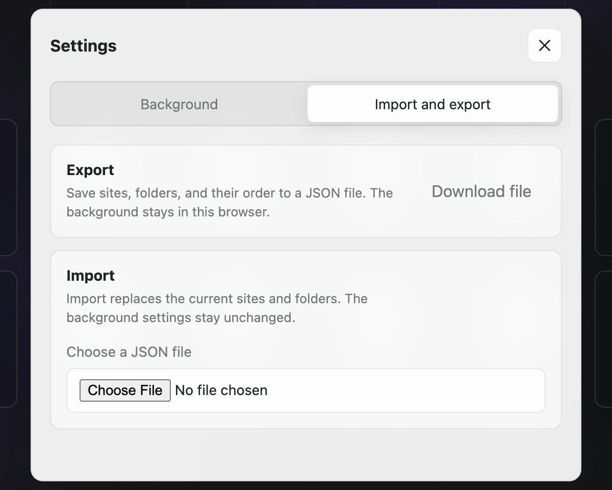 The Import and export tab with Download file and Choose a JSON file controls.
