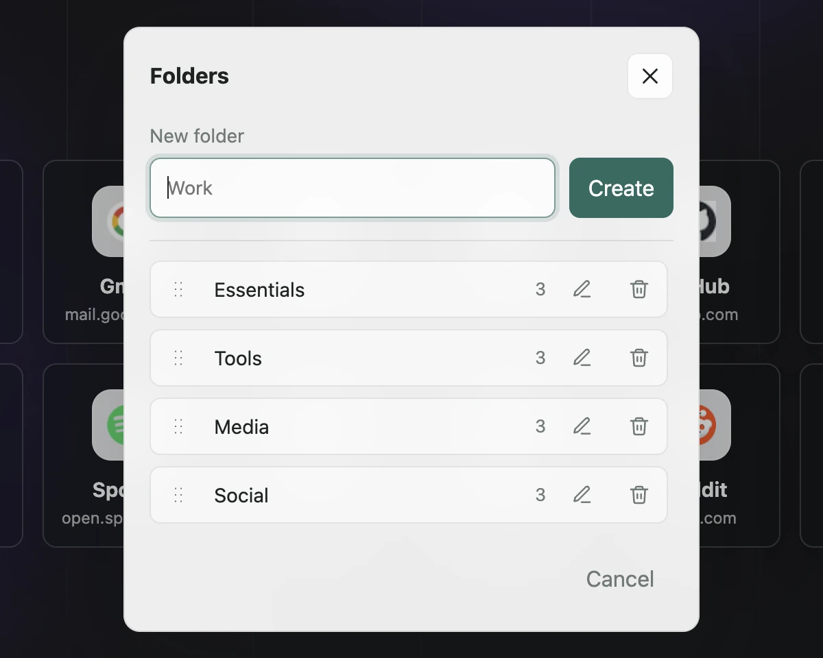 The Folders dialog with Essentials, Tools, Media, and Social, each containing three saved sites.