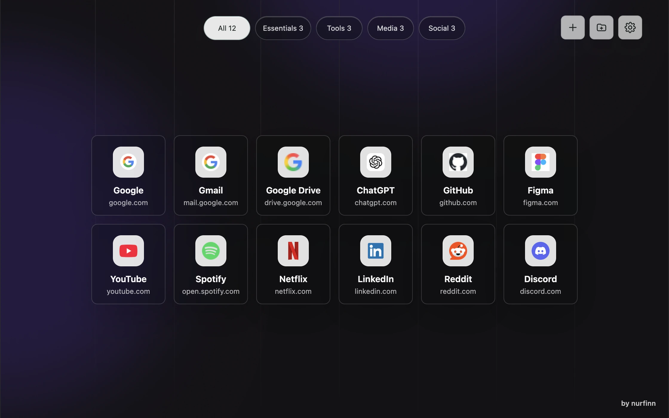Minimal New Tab 1.6 showing twelve saved sites organized across four folders on the standard background.
