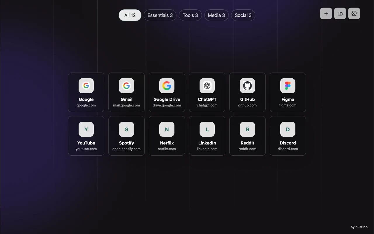 Minimal New Tab showing twelve popular sites organized across four folders on the standard background.