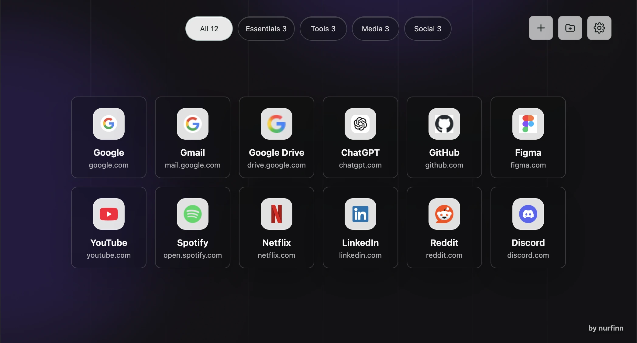 Minimal New Tab 1.6 with twelve saved sites and folders for Essentials, Tools, Media, and Social.